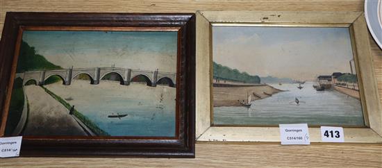 19th century English School, two oils on board, Naive views of Colchester and a stone bridge, largest 17 x 24cm